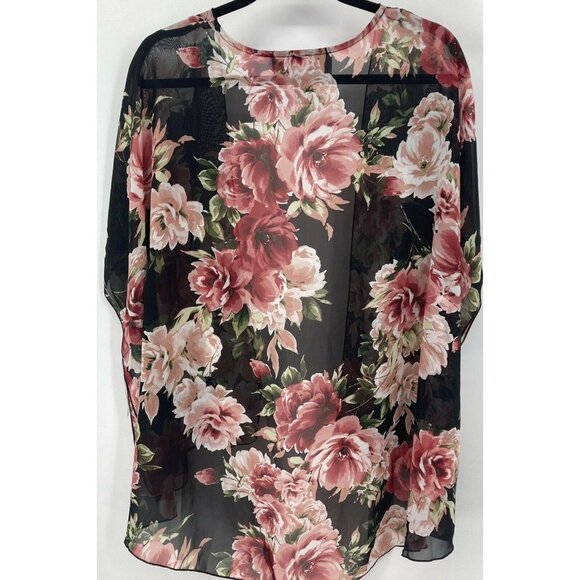 Polly & Esther Kimono Cover Up Size Medium M Black Pink Floral Sheer Women B5 - Picture 4 of 8
